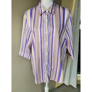 Preston & York Button Up Shirt Women 12 Purple Yellow Striped Collared Flip Cuff